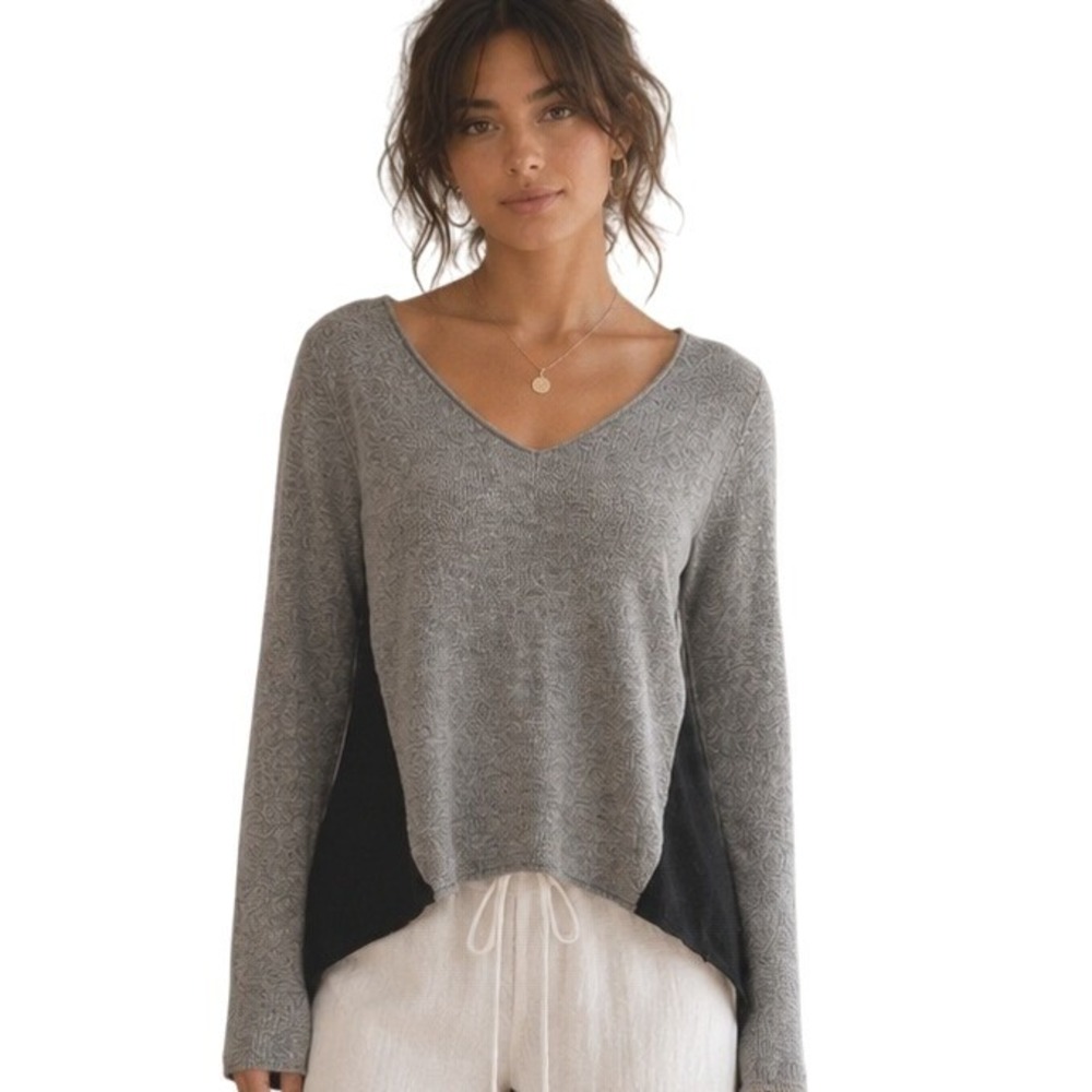 Womens Cashmere High Low Sweater Medium Minimalist Coastal Colorblock ‎ V-Neck
